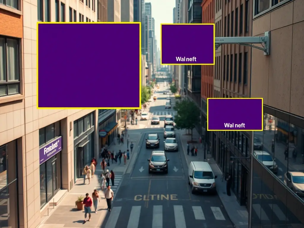 A security camera overlooking a busy city street, focusing on facial recognition technology identifying individuals in the crowd, highlighting ARPANET's Spook solution for public safety.