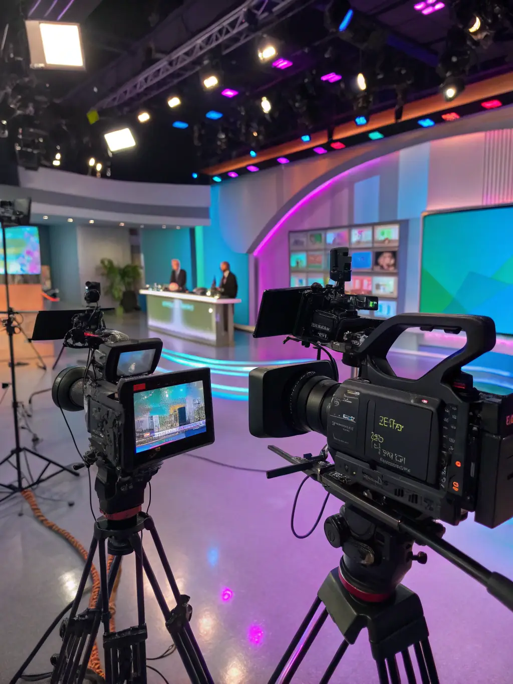 A dynamic display showcasing Solab's real-time transcription capabilities in a bustling media studio environment.