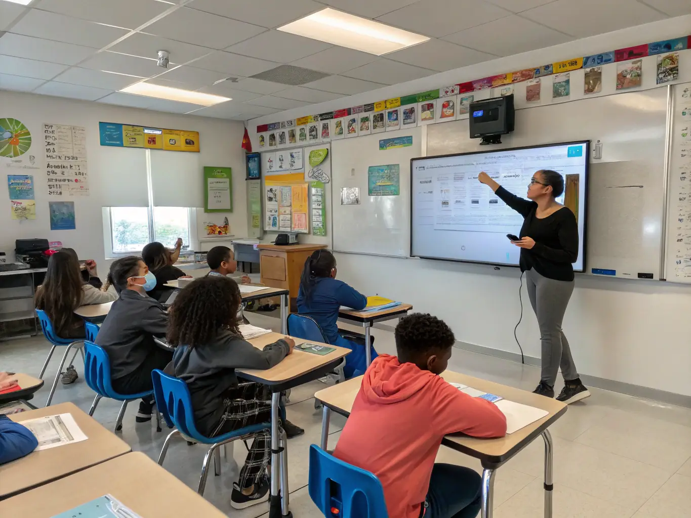 A classroom setting with students engaged in a lesson displayed on a smart board, showcasing ARPANET's Solab solution converting video lectures to text for enhanced learning.