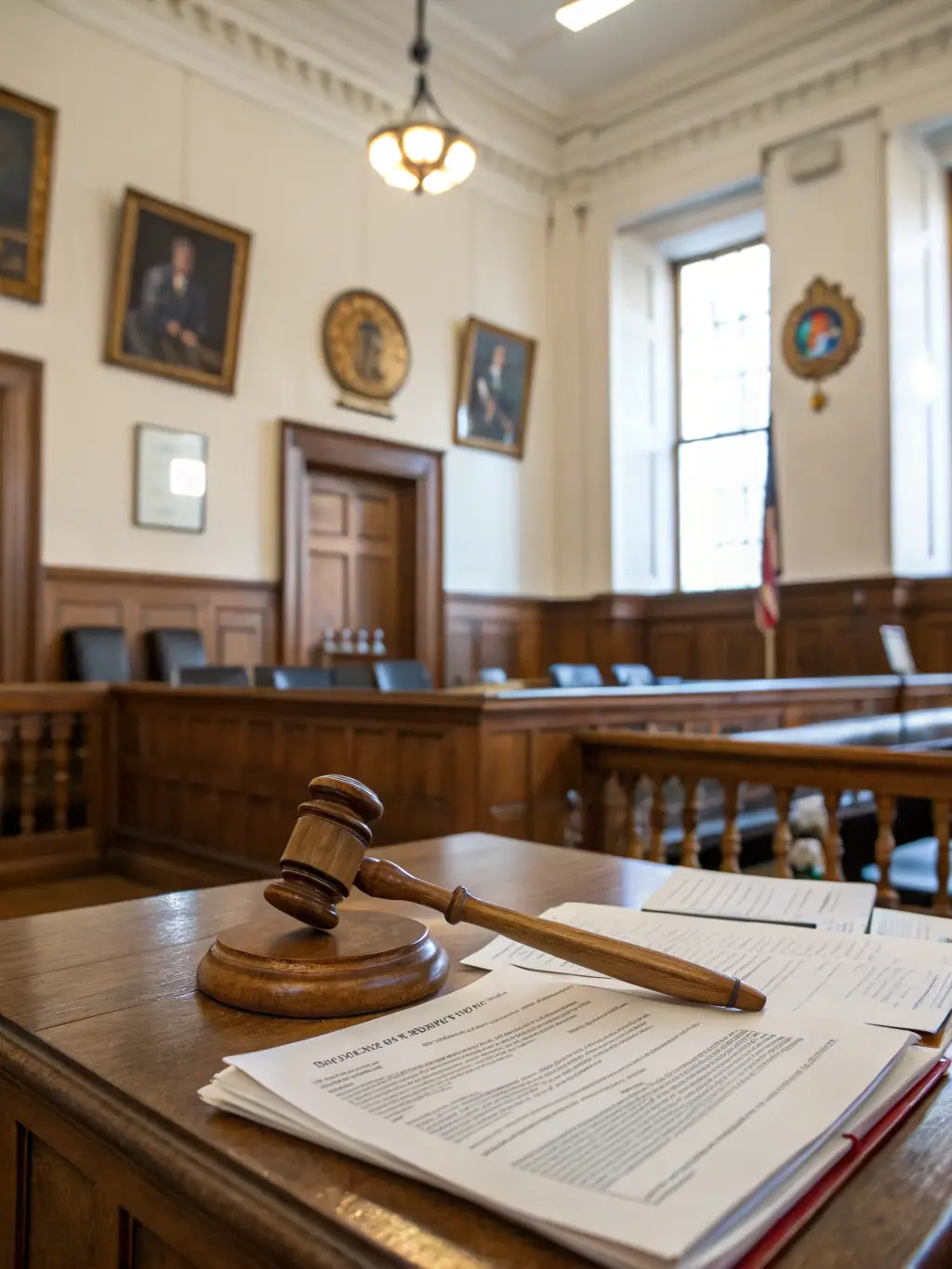 A gavel resting on a stack of legal documents in a brightly lit courtroom, symbolizing the legal sector and the application of AI in legal processes.
