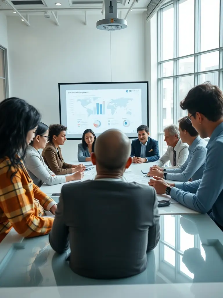 A multilingual business meeting where Dragoman facilitates seamless communication between participants speaking different languages.