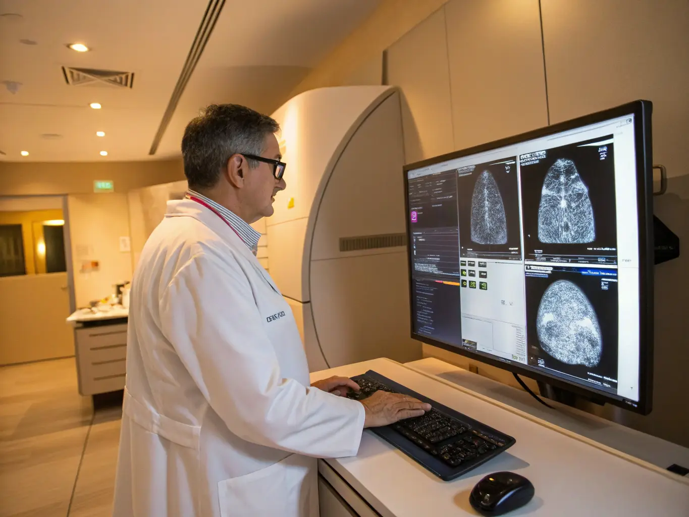 A medical professional reviewing a detailed radiological image on a high-resolution monitor, showcasing the precision of AI-powered image processing in healthcare.