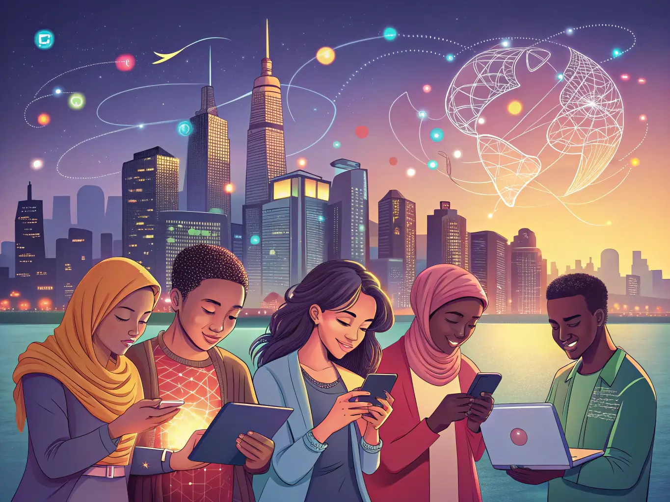 A diverse group of people communicating using devices with real-time translation, illustrating ARPANET's Dragoman solution for multilingual communication in public services and education.