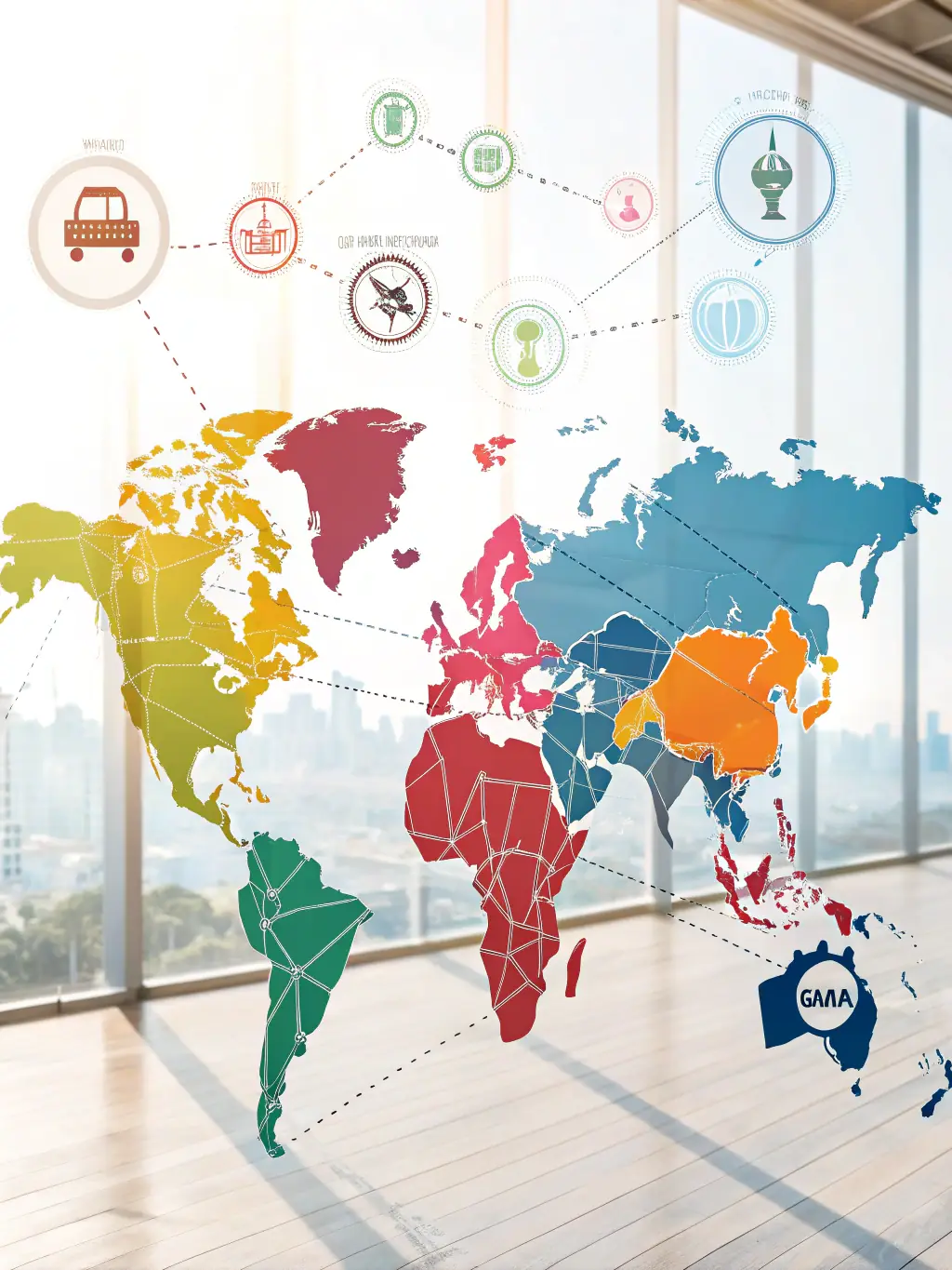 A world map overlaid with shopping cart icons, symbolizing the global reach and multi-language support offered by ARPANET's Dragoman product for e-commerce businesses.