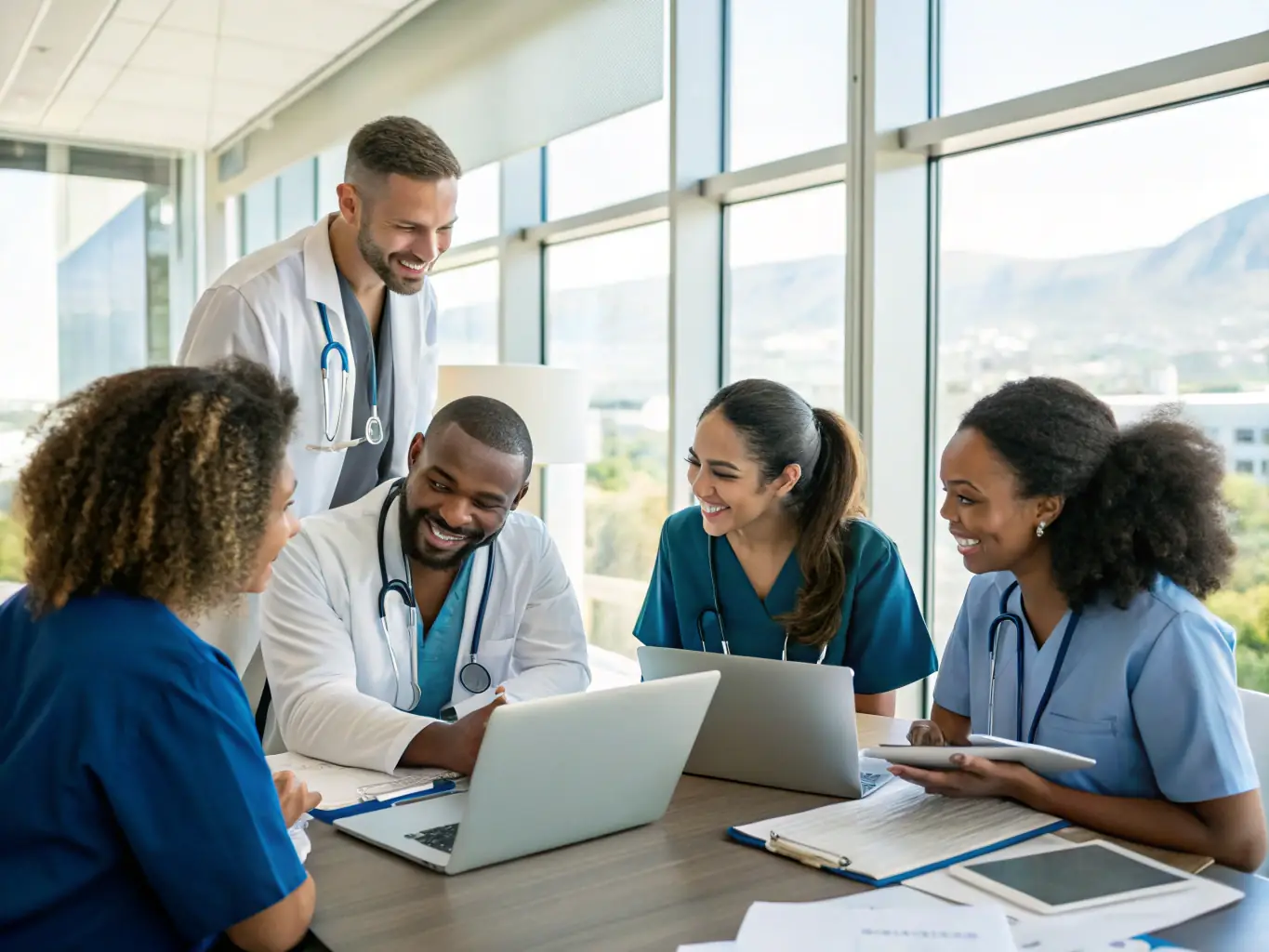 A diverse group of healthcare professionals collaborating around a digital display showing AI-driven diagnostic insights, emphasizing teamwork and technological integration.